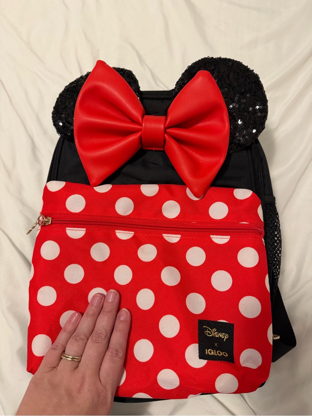Disney Red White Polka Dot Minnie Mouse Backpack with Black Sequin Ears